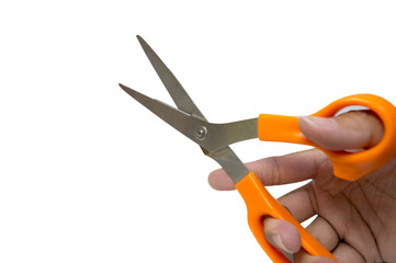 Man hands are holding scissors on a white background