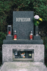 Gravestone with text. Depression as civilization disease. Metaphor of epidemic of dangerous mental disorder that can lead to suicide