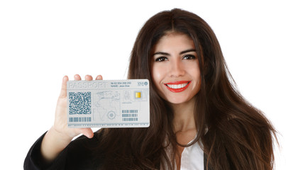 Beautiful young businesswoman with cyberpassport