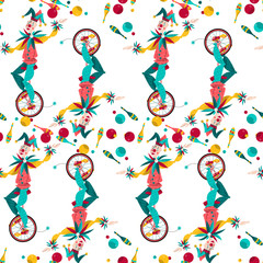 Clowns on unicycle juggling with balls and pins. Background pattern © ngvozdeva