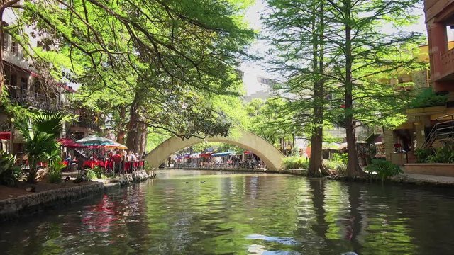 View of San Antonio River Walk from a boat