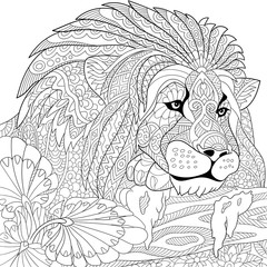 Naklejka premium Zentangle stylized cartoon lion (wild cat, leo zodiac). Hand drawn sketch for adult antistress coloring page, T-shirt emblem, logo or tattoo with doodle, zentangle, floral design elements.