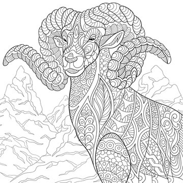 Zentangle stylized cartoon goat (ram, ibex, aries, capricorn zodiac). Hand drawn sketch for adult antistress coloring page, T-shirt emblem, logo, tattoo with doodle, zentangle, floral design elements.