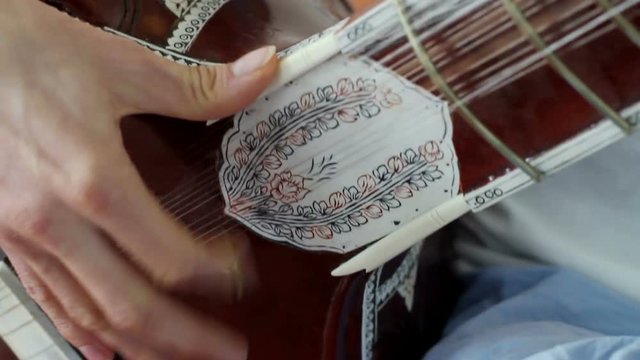 Indian music. Musician playing a musical instrument - sitar