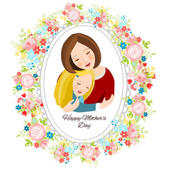 Mother and daughter in a floral frame, Mother's Day greeting card, vector illustration