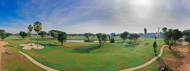 Top view of beautiful panoramic scene of golf course in Thailand.