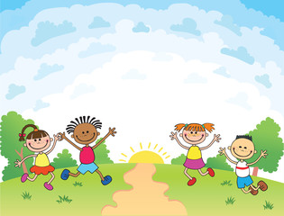 Obraz na płótnie Canvas children are jumping on the glade, bunner cartoon funny vector, Template advertising brochure. Ready for your message. blank template character. illustration