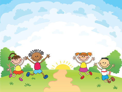 children are jumping on the glade, bunner cartoon funny vector, Template advertising brochure. Ready for your message. blank template  character. illustration