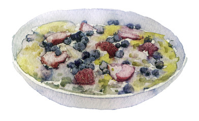 watercolor muesli in a bowl on a white background