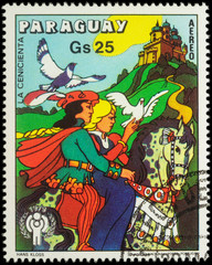 Cinderella and Prince at horse - scene from a fairy tale on post