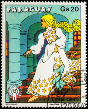 Cinderella runs down the stairs - scene from a fairy tale on pos