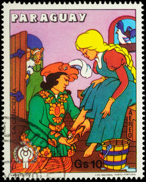 Cinderella and Prince - scene from a fairy tale on postage stamp