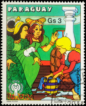 Scene from a fairy tale "Cinderella" (Brothers Grimm) on postage
