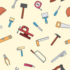 Seamless pattern of repair tool icons. Home repair signs. Worker tools. Isolated on white background. Vector illustration.