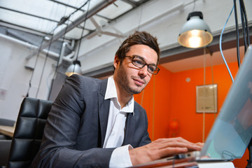 Portrait of smiling Businessman posing  in coworking office