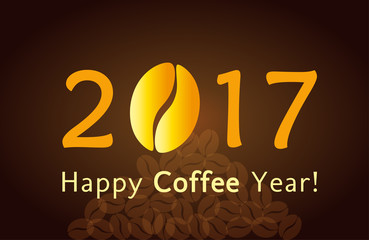 Happy 2017 New Year logo. Christmas card with coffee bean for cafes and coffee companies.
