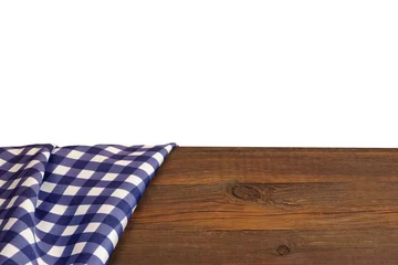 Meubelstickers Blue Checkered Tablecloth On The Rough Rustic Wooden Table Isola © Alex