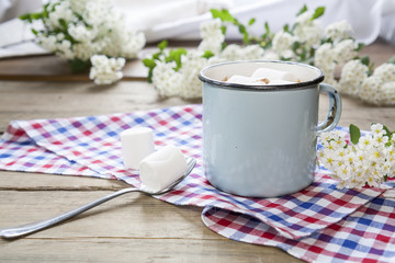 Hot cocoa chokolate with marshmallows in blue cup on checkered napkin and spring blossoms.