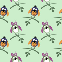 Seamless vector pattern with animals, cute background with birds and branch with leaves. Series of Animals and Insects Seamless Patterns.