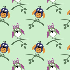 Seamless vector pattern with animals, cute background with birds and branch with leaves. Series of Animals and Insects Seamless Patterns.