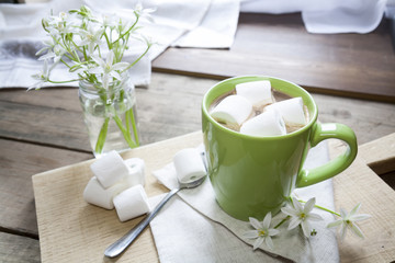 Hot cocoa chocolate with marshmallows in green cup on napkin and fresh spring white flowers on wooden table