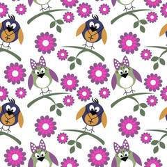 Seamless vector pattern with animals, cute background with birds, flowers and branch with leaves. Series of Animals and Insects Seamless Patterns.