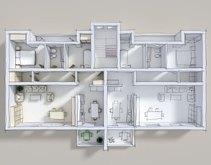 3d interior rendering illustration of double furnished apartment with freehand sketched lines