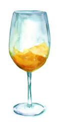 Watercolor drawing of glass of white wine on white