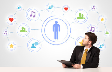 Business man with social media connection background