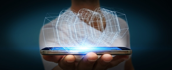 Businessman holding digital 3D engine