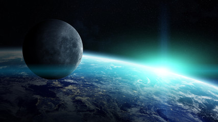 View of the moon close to planet Earth in space