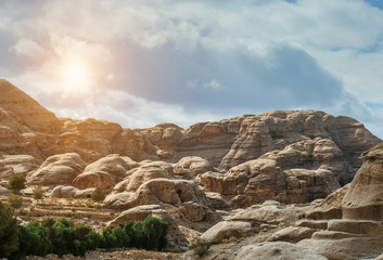 Fototapeta premium Canyon in Petra (Rose City), Jordan. The city of Petra was lost for over 1000 years. Now one of the Seven Wonders 