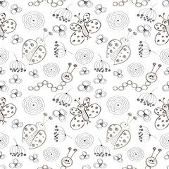 Seamless vector pattern. Cute black and white background with hand drawn ladybugs, butterfly, caterpillars and flowers. Series of Cartoon, Doodle, Sketch and Scribble Seamless Vector Patterns.