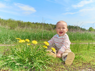 Naklejka na ściany i meble baby sitting on a green meadow with yellow flowers dandelions