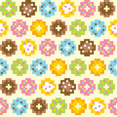 Pixel art style donut seamless vector background