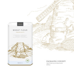 Packing concept for wheat flour or cereals. Vector design.