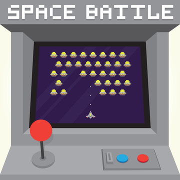 Old school pixel art style ufo arcade machine game cabinet vector