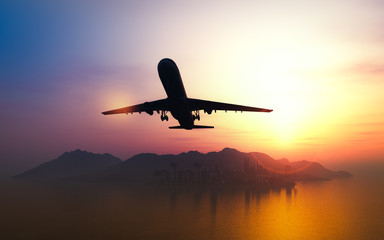 Airplane flying over the city and the beach sunrise 3d rendering