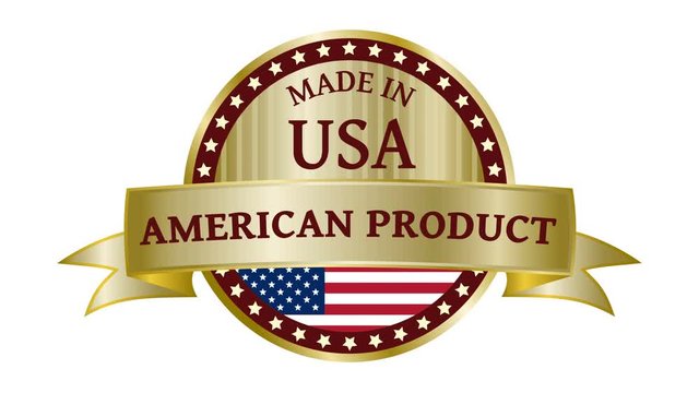 Made in USA golden badge and icon with the flag of the United States of America. 4K animation.