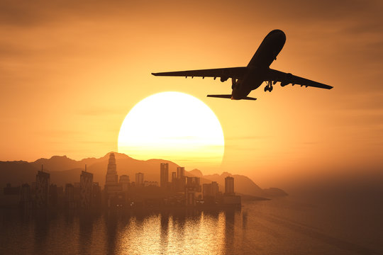 Airplane flying over the city and the beach sunrise 3d rendering