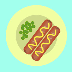 two sausages and peas on a plate for breakfast, a quick snack