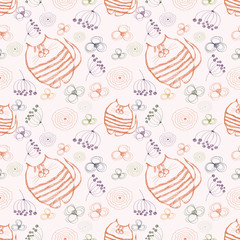 Seamless vector pattern. Cute background with hand drawn cats and flowers. Series of Cartoon, Doodle, Sketch and Scribble Seamless Vector Patterns.