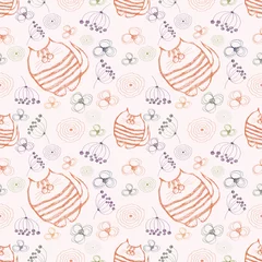Poster Naadloze vector patroon. Leuke achtergrond met hand getrokken katten en bloemen. Reeks Cartoon, Doodle, Sketch en Scribble naadloze vectorpatronen. © Valentain Jevee