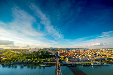 Bratislava aerial cityscape view on the old town with Saint Martin's cathedral, castle hill and...