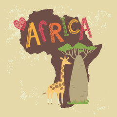 Card with a giraffe and Baobab on a map of Africa. Vector illustration. - 110440241