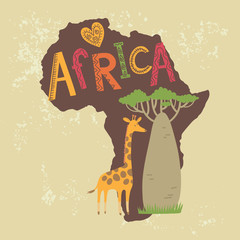 Card with a giraffe and Baobab on a map of Africa. Vector illustration. - 110440252