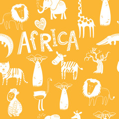 Seamless pattern with animals of Africa: elephant, zebra, lion, hippo, ostrich, meerkats, giraffe, crocodile. Vector background. - 110440263