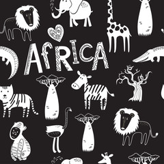 Seamless pattern with animals of Africa: elephant, zebra, lion, hippo, ostrich, meerkats, giraffe, crocodile. Vector background. - 110440268