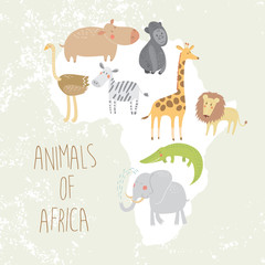 Cute animals of Africa, elephant, hippopotamus, crocodile, lion, gorilla, ostrich, giraffe, zebra in vector. - 110440290