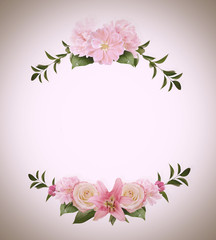 Frame Made from Summer Pink Flowers and Green Leaves Isolated on